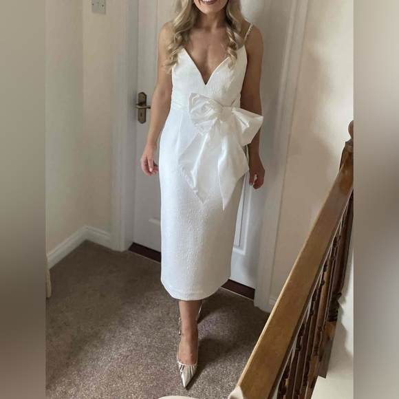 Anthropologie V neck White Rebecca Vallance Genevieve Sheath Midi Dress Bow NWOT - Picture 2 of 9